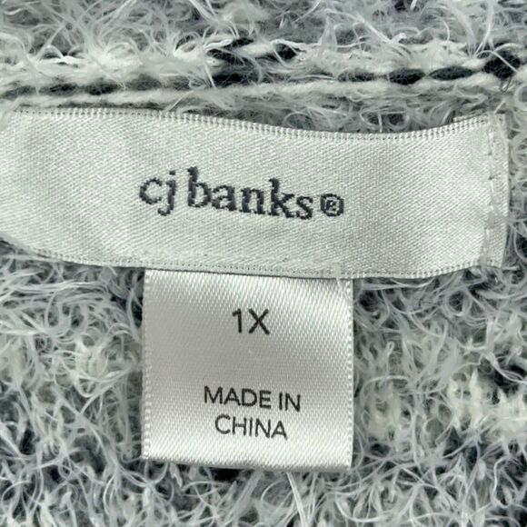 CJ Banks Sweater Womens Sz 1X White Black Fuzzy Knit Open Front Cardigan Tunic - Picture 4 of 7